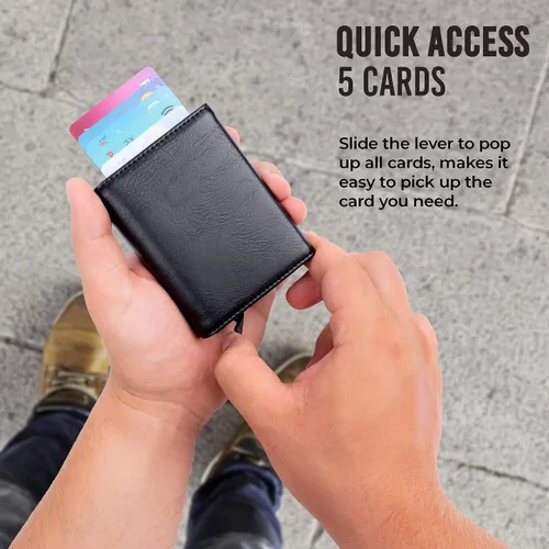 Miniatura 5 de Cartera para tarjetas de crédito, bolsillo frontal con bloqueo RFID, tarjetero con ranura para tarjetas emergentes, ventana de identificación