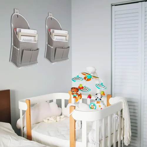 Miniatura 9 de Paquete de 2 bolsas de almacenamiento para colgar en la pared con bolsillos, cesta organizadora de casillero con gancho adhesivo, organizador de Gris