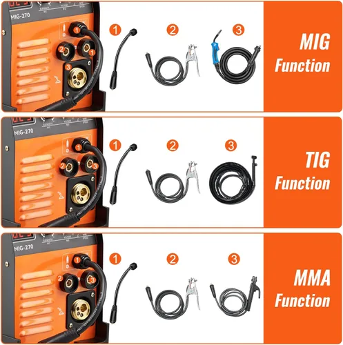 Miniatura 8 de VEVOR Soldadora MIG, máquina de soldar 3 en 1 de 270 amperios, soldadora MIG Lift TIG de arco de 110 220V, soldadora TIG portátil con elevador ARC