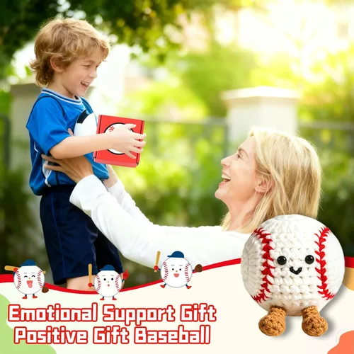 Miniatura 2 de Regalos positivos de ganchillo de béisbol para niños, hombres, papá, muñeca de punto inspiradora con tarjeta de aliento y llavero de caja, divertida