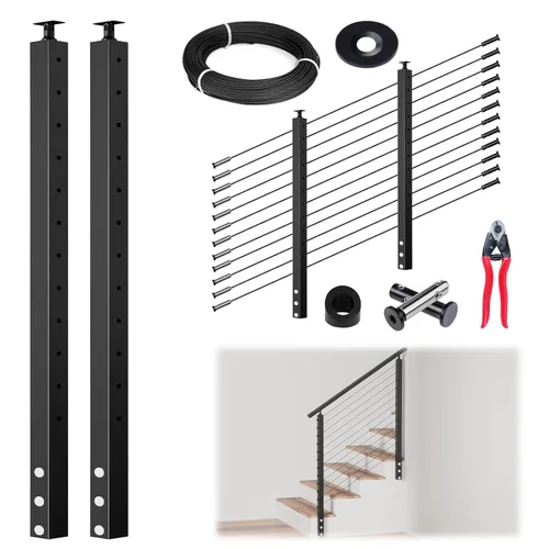 Miniatura 12 de Muzata Kit de barandilla de cable modular negro de 5 a 10 pies de 42 pulgadas, kit de poste de 2 niveles de 42 pulgadas, sistema completo