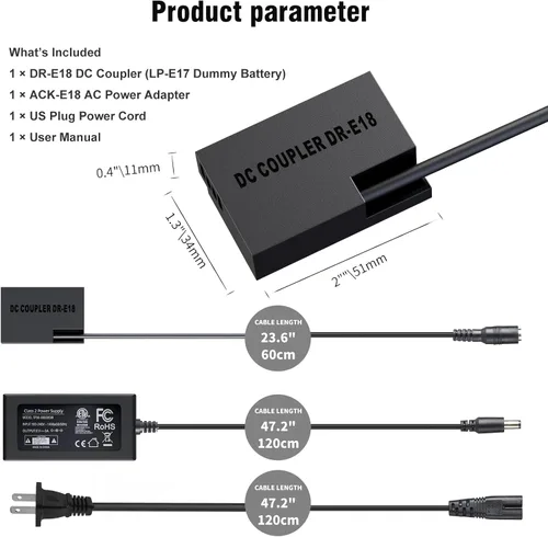 Miniatura 7 de para Canon R50 Batería ficticia ACK-E18 Adaptador de corriente alterna, LP-E17 Batería simulada DR-E18 Acoplador DC para Canon EOS Rebel R100 RP R8