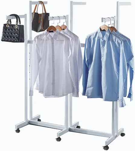 Miniatura 13 de Perchero de pie de metal para ropa - Estantes de exhibición resistentes para uso comercial con ruedas, perchero de ropa de 6 brazos, perchas
