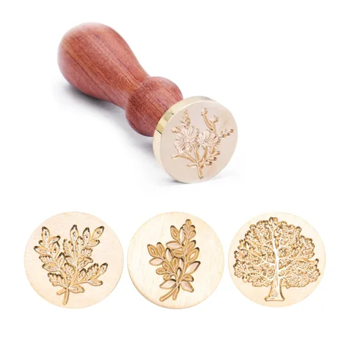 Miniatura 3 de SWANGSA Juego de sellos de cera, vintage, 4 piezas de hojas de eucalipto, manzanilla, árbol de la vida, cabezas de sello botánico + 1 mango
