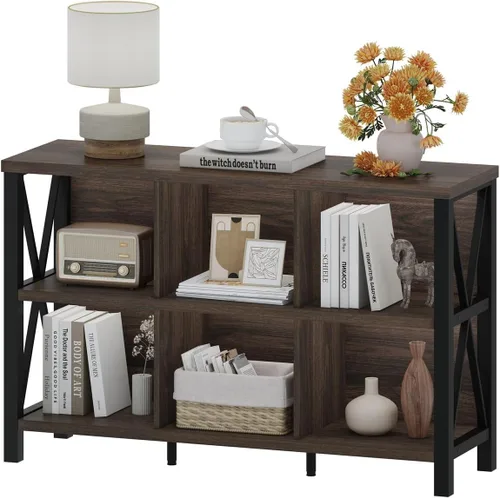 Miniatura 8 de FATORRI Organizador de almacenamiento de 6 cubos con estante, estantería horizontal corta para sala de estar, estantería de madera y metal, estante