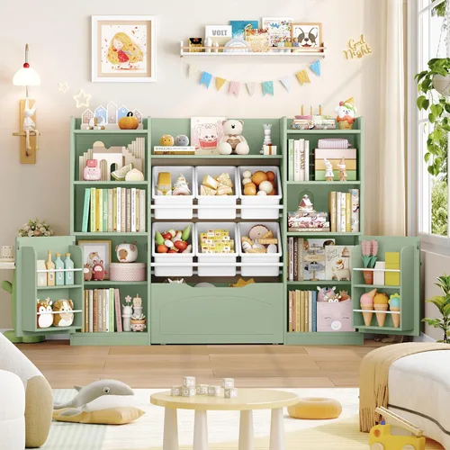 Miniatura 11 de FINETONES Organizador de almacenamiento de juguetes de 55 pulgadas con 6 contenedores de juguetes, estantería grande 5 en 1 para niños con cofres