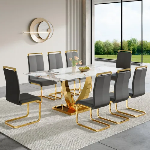 Miniatura 27 de Juego de mesa de comedor para 4, mesa de comedor de mármol sintético de 63 pulgadas con patas y base de acero inoxidable, sillas acolchadas