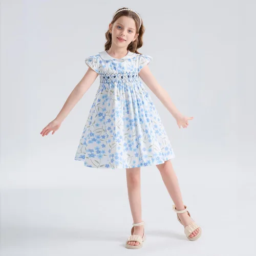 Miniatura 6 de Girls Smocked Blue Dress Toddler Floral Summer Dress Vintage Dresses Kindergarten Graduation Dress