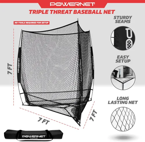 Miniatura 3 de PowerNet Red de entrenamiento de béisbol de triple amenaza, red de bateo o lanzamiento de 3 vías de 7 pies x 7 pies, cubre 147 pies cuadrados, Negro