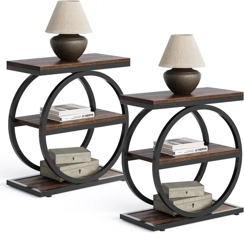 Miniatura 13 de LITTLE TREE Mesa auxiliar de 3 niveles, mesa auxiliar industrial con estantes de almacenamiento, mesa auxiliar de sofá pequeña para sala de estar