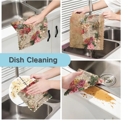 Miniatura 2 de Juego de 6 paños de cocina y paños de cocina retro de periódico antiguo, flores rojas, paquete de 6 paños de cocina para cocina, divertidos