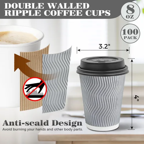 Miniatura 3 de Ginkgo Paquete de 100 tazas de café aisladas desechables de 8 onzas con tapas, vasos de viaje de papel ondulados de doble pared para bebidas