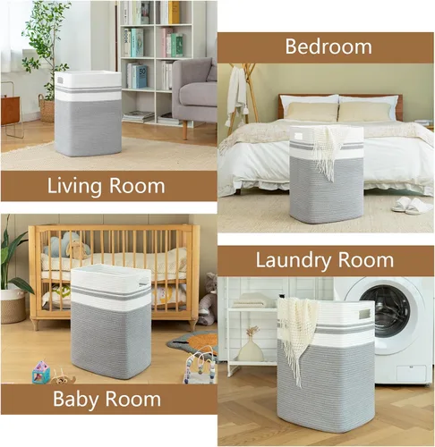 Miniatura 6 de OIAHOMY - Cesta de lavandería, cesta de almacenamiento alta decorativa de algodón con asas para sala de estar, cestas grandes plegables para Gris