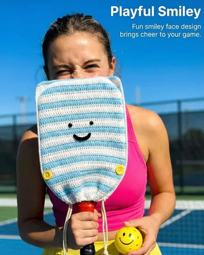 Miniatura 2 de Funda de paleta de pickleball de ganchillo para regalo, funda hecha a mano para mujeres y hombres, bonitos accesorios con bolsa de prensa, lista Azul