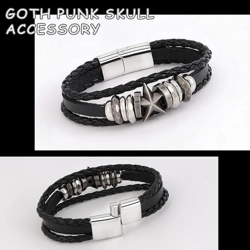 Miniatura 4 de MILAKOO 3 pulseras unisex punk retro góticas de cuero sintético con cuentas de hematita