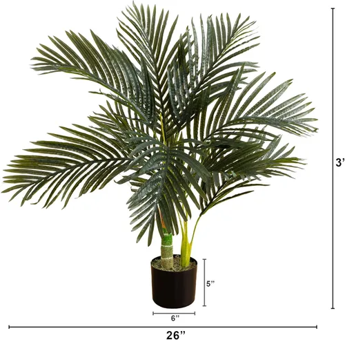 Miniatura 2 de Nearly Natural Palmera de caña dorada de 3 pies, árbol tropical artificial con fronds verdes realistas y tronco similar al bambú, incluye maceta