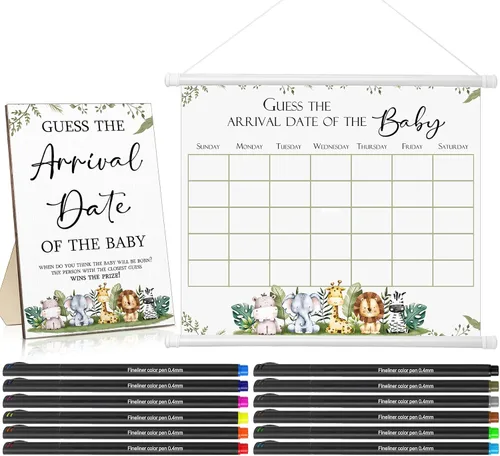 Sintuff Calendario de fecha de vencimiento de Baby Shower Guess incluye 1 letrero de madera de Adivina la fecha de llegada del baby shower, 1