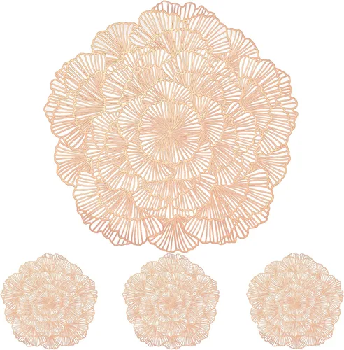 Juego de 4 manteles individuales redondos de vinilo metálico con diseño de flores de oro rosa, manteles individuales para mesa de comedor, cocina,