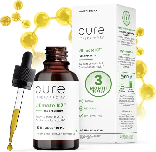 Pure Therapro Rx Ultimate K2 Suplemento | Gotas líquidas de vitamina K2 liposomal | 90 porciones | 600 mcg vegano K2 como MK4 y MenaQ7 MK7 | Apoya