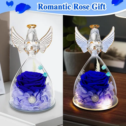 Miniatura 6 de Flores de cumpleaños para mujer: regalo de rosa preservada para mamá, abuela, esposa, amiga, enfermera; figuras de ángel de cristal con luz LED
