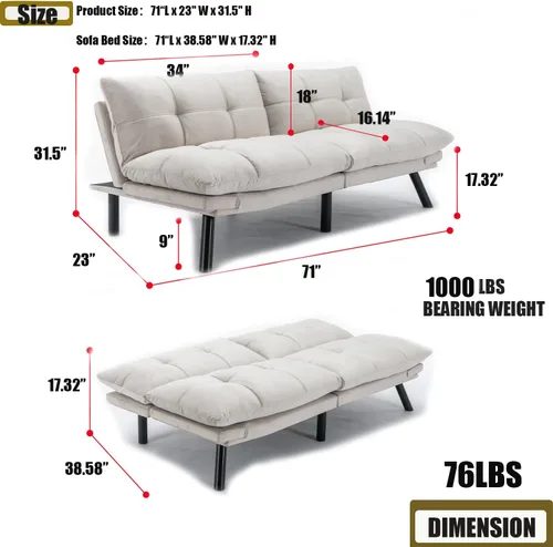 Miniatura 2 de Sofá cama futón, sofá futón plegable convertible, sofá pequeño transpirable para estudio compacto en sala de estar y dormitorio, oficinas, sofá Beige