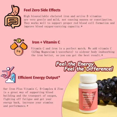 Miniatura 5 de Suplementos de hierro para mujeres y hombres, bisglicinato de hierro vegano 30mg más vitamina C, B12, ácido fólico - pastillas de hierro