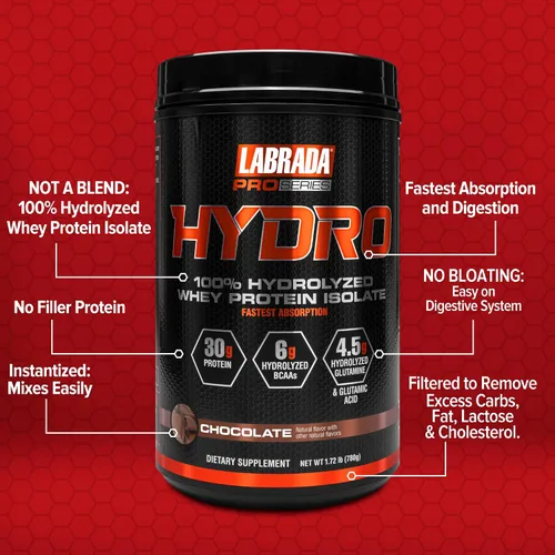 Miniatura 2 de LABRADA Hydro Polvo Aislado de Proteína de Suero Hidrolizado 100% Puro, Sin Lactosa, Digestión Más Rápida, Mezcla Instantánea, Sabor Delicioso, 20