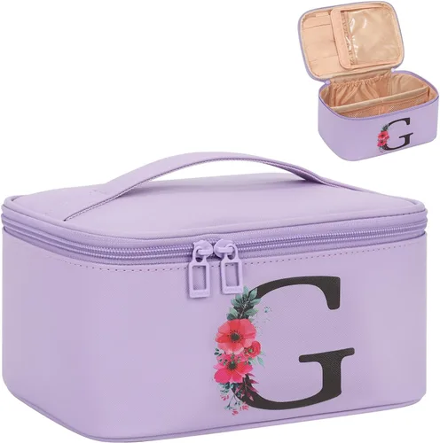 Miniatura 31 de OCHEAL Bolsa de maquillaje personalizada, bolsa de maquillaje beige para mujer, kit de aseo de viaje con monograma, organizador de cosméticos listo