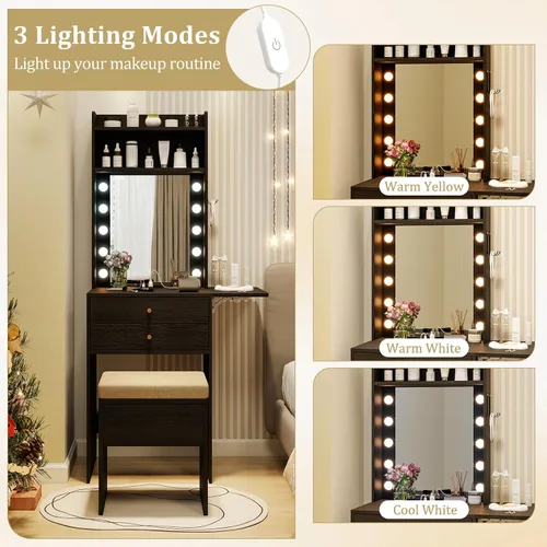 Miniatura 4 de CHARMAID - Escritorio pequeño de tocador con espejo y luces, mesa de tocador de maquillaje con estación de carga, cajones, estantes, mesa lateral