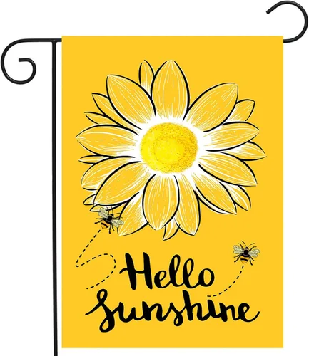 Bandera de Jardín Hello Sunshine con Abeja y Girasol, Banderas de Jardín de Verano para Exteriores, Bandera de Flores Amarillas 12x18 pulgadas Doble