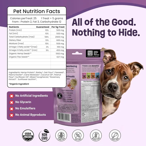 Miniatura 6 de Golosinas orgánicas para perros para el bienestar diario, sabor a mantequilla de maní con superalimentos, alto contenido de proteínas y omega-3