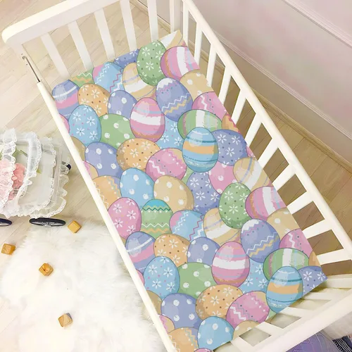 Miniatura 5 de Lindas sábanas para cuna, suaves y transpirables con diseño de huevos de Pascua, para niñas y niños, 39 x 27 x 5 pulgadas