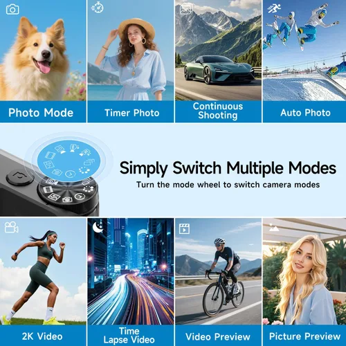 Miniatura 6 de Cámara digital 4K 64MP con pantalla abatible de 3 pulgadas de 180°, cámara fotográfica de enfoque automático para YouTube, cámara de viaje compacta