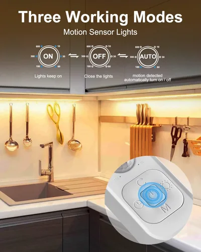 Miniatura 5 de Tira de luz LED con sensor de movimiento, iluminación debajo del gabinete con adaptador de corriente, 6 luces ajustables de brillo y temporizador