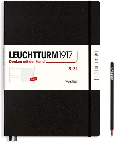 LEUCHTTURM1917 - Agenda semanal y cuaderno 2024 con folleto extra, tapa dura, maestro (A4+), negro (1 de enero - 31 de diciembre de 2024)