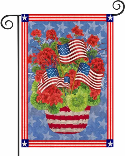 Miniatura 13 de Bandera de jardín con globos aerostáticos del 4 de julio, estrellas y rayas rojas azul marino, 12.5 x 18 pulgadas, bandera estadounidense de doble