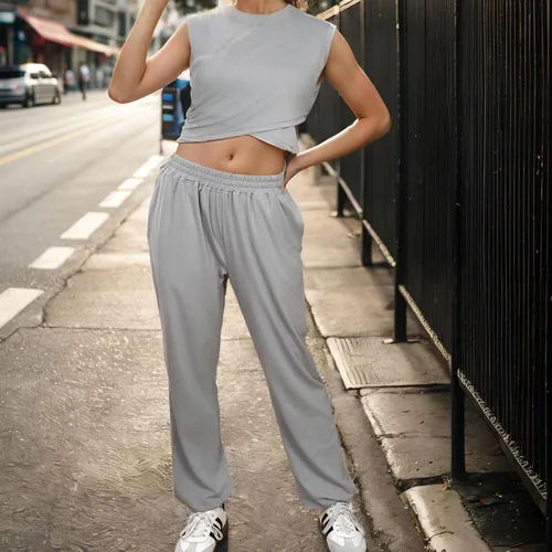 Miniatura 6 de Conjunto deportivo de dos piezas para mujer, conjunto de entrenamiento atlético casual, tops recortados, pantalones de pierna ancha, pantalones