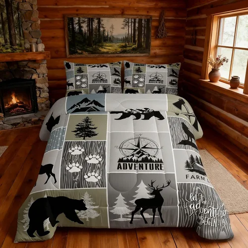 Miniatura 95 de Juego de edredón de cuernos de ciervo tamaño individual, juego de ropa de cama rústica de granja con huellas de oso y pinos para decoración