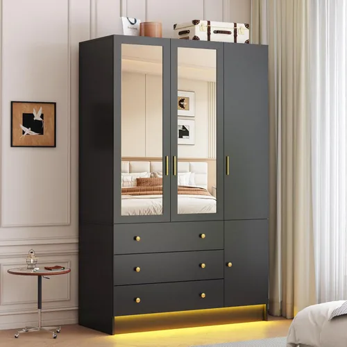 Miniatura 7 de Armario LED de 3 puertas con espejo, armario de madera moderno de 75 pulgadas de alto con 3 cajones, armario de almacenamiento de ropa independiente