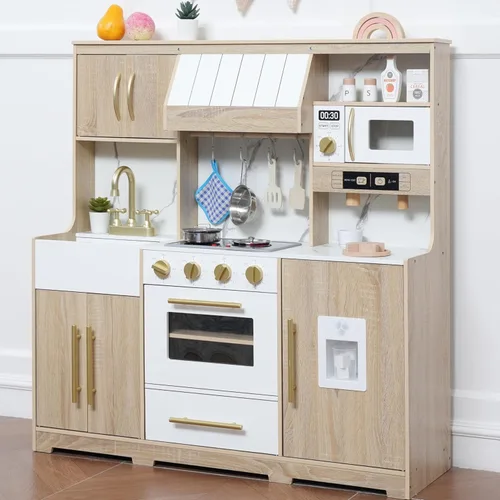 inFUNSAME - Juego de cocina para niños con luces y sonidos realistas, diseño moderno, juguete de cocina de madera mejorado con áreas de juego Madera