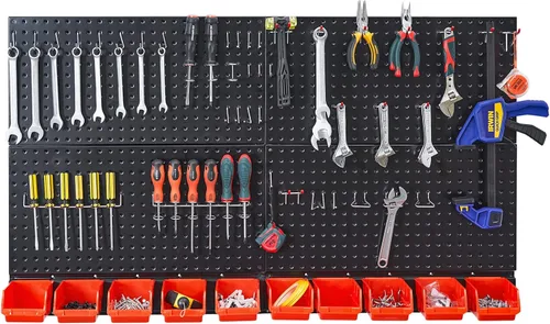 Organizador de pared perforado Ultrawall, paneles de tablero de clavijas de metal negro, sistema de almacenamiento para garaje con ganchos y