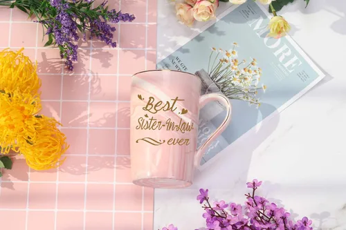 Miniatura 3 de Taza con texto en inglés "Best Sister in Law Ever", regalos de hermana o cuñado, 14 onzas, color rosa con caja de regalo, cuchara, posavasos