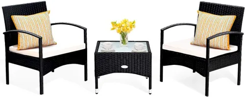 HAPPYGRILL Juego de muebles de patio de 3 piezas con mesa de centro de cristal y cojines suaves para balcón, jardín, piscina