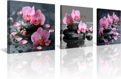 Miniatura 10 de NAN Wind 3 piezas de arte de pared de orquídea azul, piedras de spa zen, impresión en lienzo, gotitas de agua, naturaleza muerta, botánica