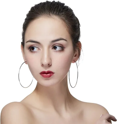 Miniatura 2 de Aretes de aro de baloncesto hipoalergénicos extra grandes para mujeres y hombres, aretes de aro grandes y finos, Metal, No es una piedra preciosa