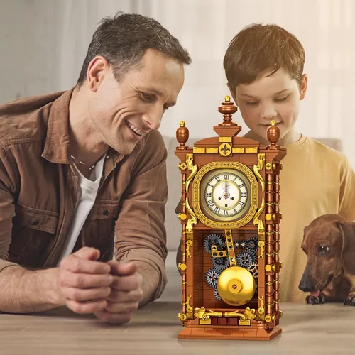 Miniatura 2 de Juego de bloques de construcción de reloj oscilante vintage, 751 piezas de reloj mecánico de trabajo real con alarma, péndulo móvil y esfera