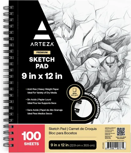 ARTEZA Cuaderno de bocetos en espiral de 9 x 12 pulgadas, 100 hojas para dibujar para adultos y adolescentes