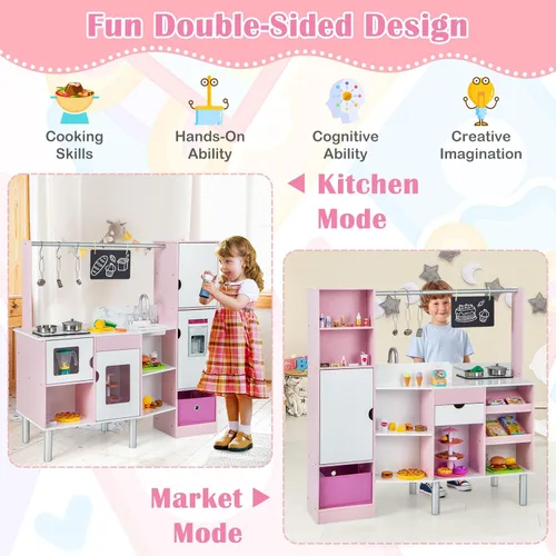 Miniatura 2 de Costzon Juego de cocina 2 en 1 para niños y tienda de comestibles, cocina de juego de simulación de doble cara con luz y sonido, máquina de hielo