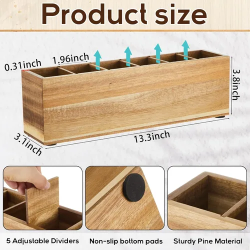 Miniatura 2 de Jetec Portalápices de madera para escritorio, 6 compartimentos, organizadores de escritorio de oficina de madera para encimera, organizador