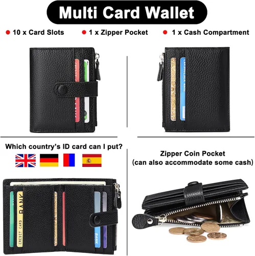 Miniatura 4 de FALAN MULE - Carteras pequeñas para mujer con bloqueo RFID, piel auténtica, cartera plegable delgada con cremallera y monedero para monedas